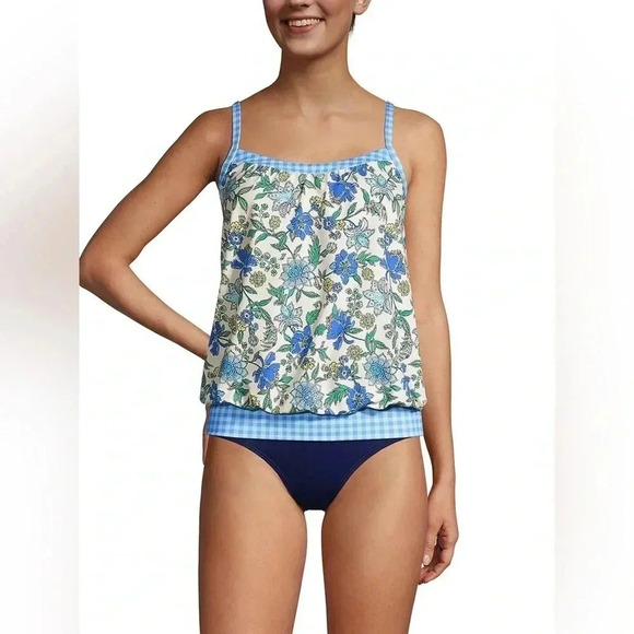 Lands End Chlorine Resistant Blouson Tankini Top Lotus Floral Gingham Size 30DDD - Picture 7 of 7